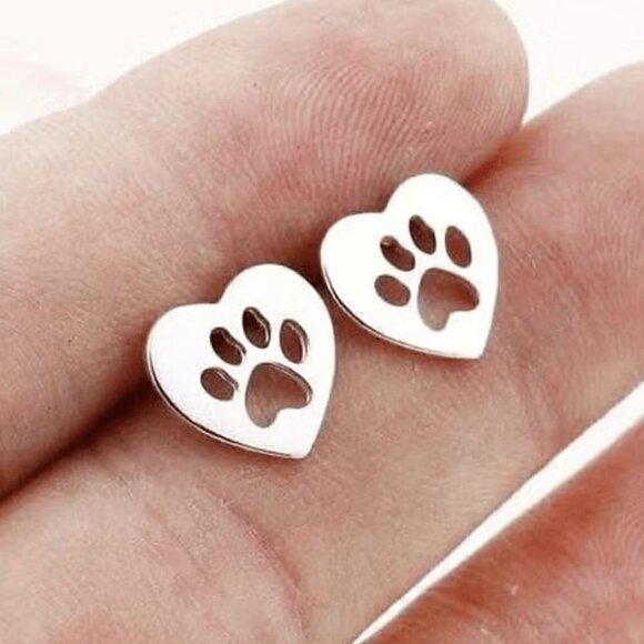 Pawprint and Heart Stainless Steel Stud Small Earrings #1240 - Picture 4 of 10